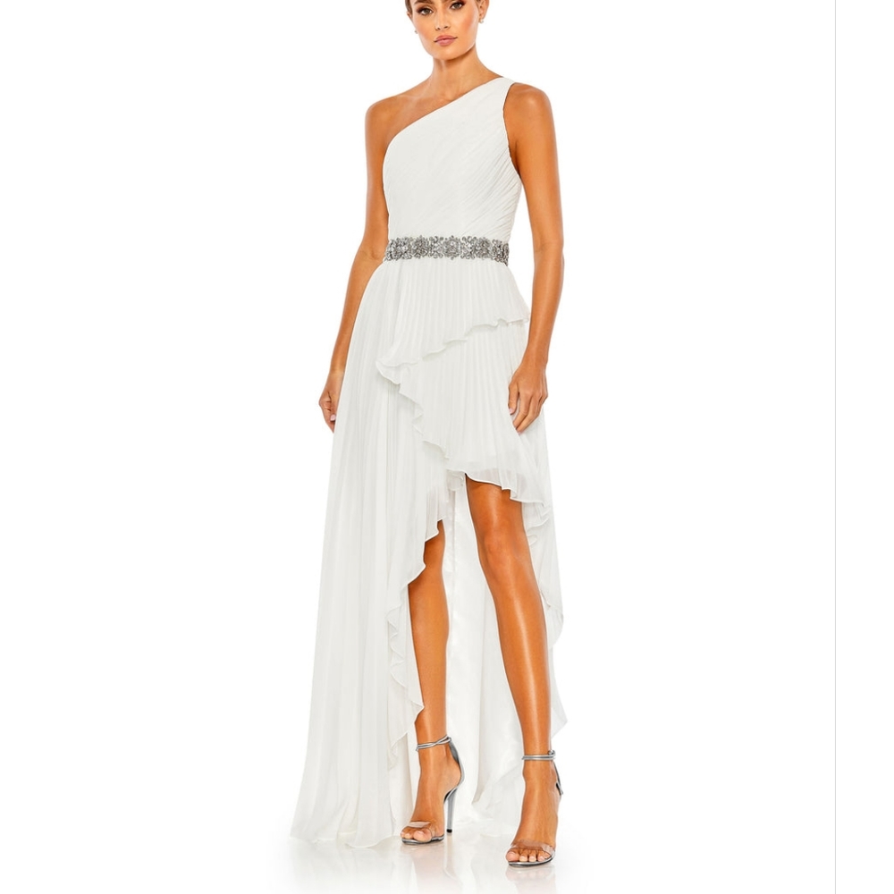 NWT Mac Duggal Pleated One Shoulder Asymmetrical Ruffle Hem Gown White 491532 2